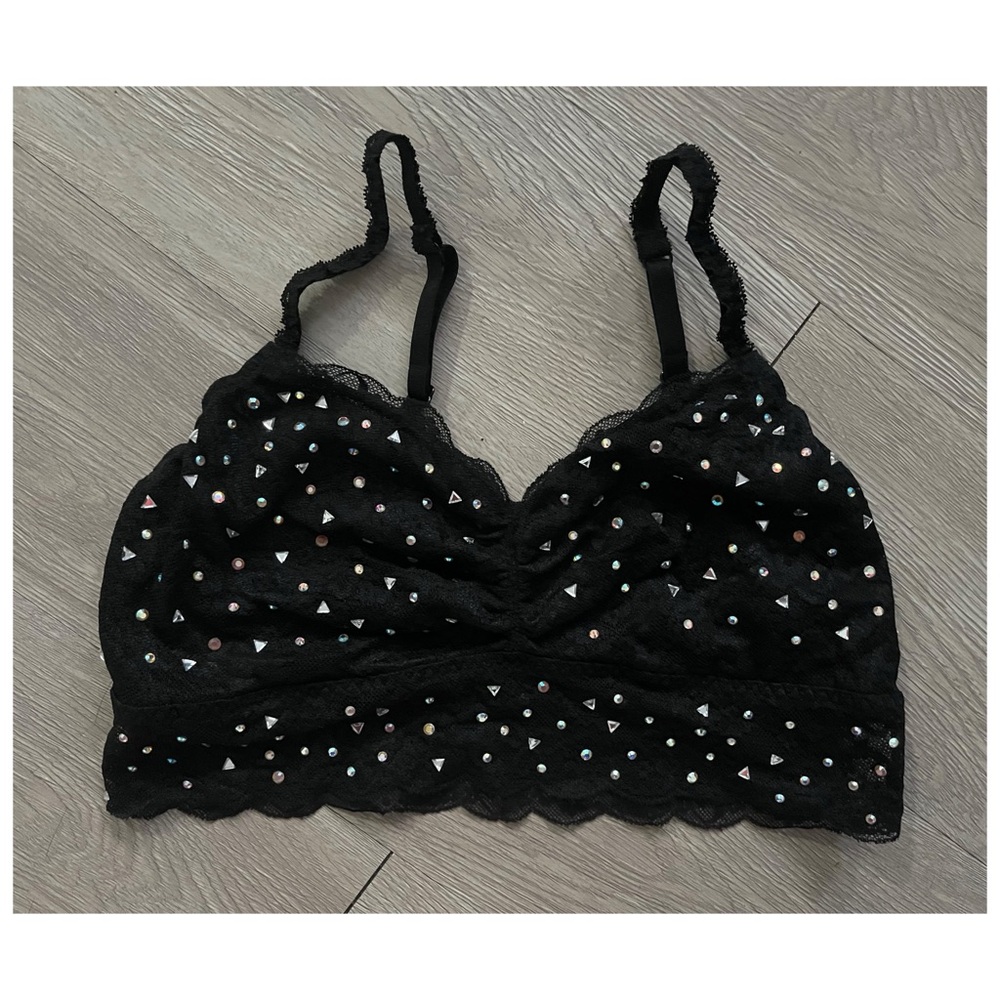 Victorias Secret Pink Black lace Bralette with rhinestone details Size Large